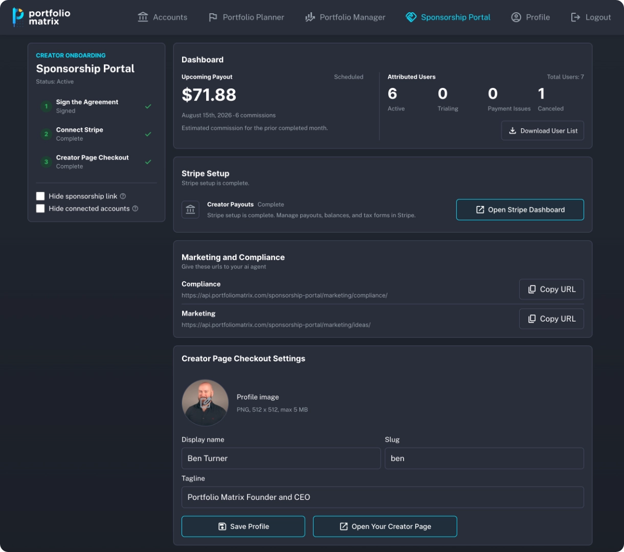 Portfolio Matrix sponsorship portal showing onboarding, attributed users, an upcoming payout, creator tools, and page settings